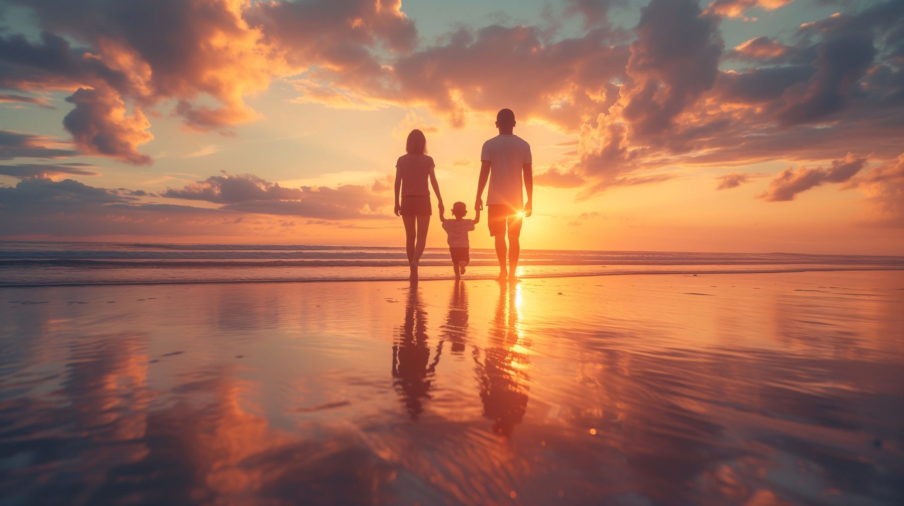 A family walking together along the shoreline at sunset